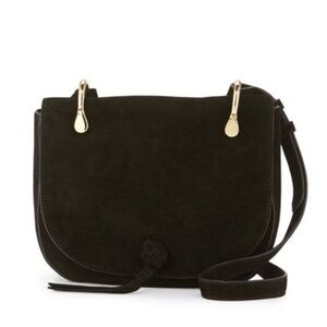 Elizabeth and James Black Suede Crossbody Bag with Gold Accents